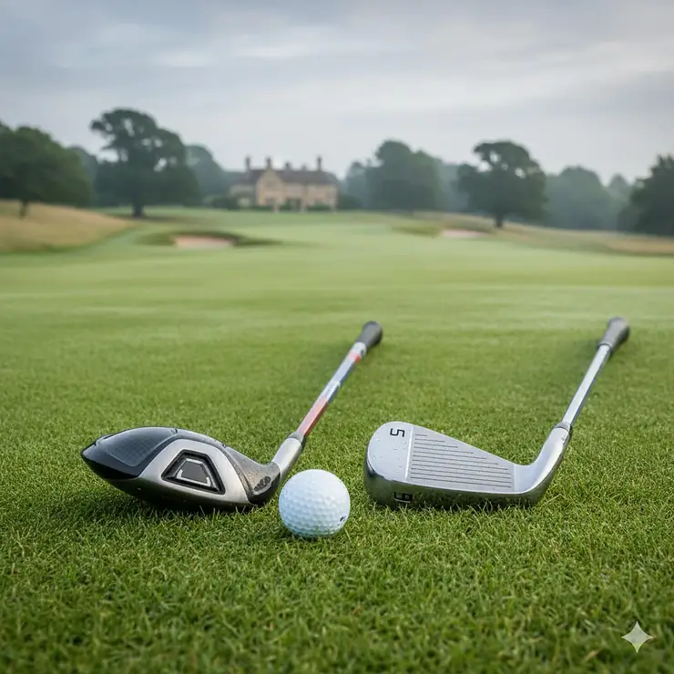 A modern hybrid golf club placed next to a traditional 5 iron on a grass fairway, illustrating the design differences for better launch. hybrid for replacing 5 iron