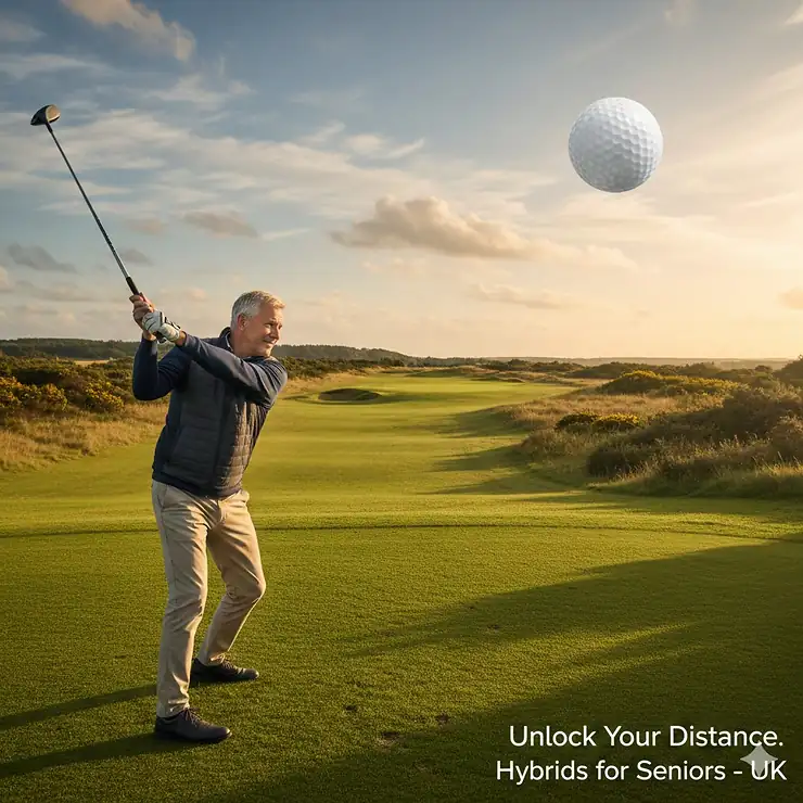 A senior golfer using a hybrid club on a lush green UK golf course fairway, demonstrating a smooth swing and high launch. hybrids for seniors