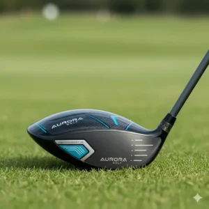 Close-up view of a modern ladies golf driver head showing aerodynamic features and weighted sole for increased forgiveness.