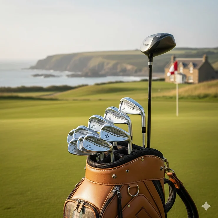 A premium set of forged players irons displayed in a leather golf bag on a British links course. players irons