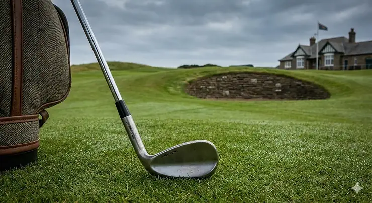 A premium golf sand wedge leaning against a traditional tweed golf bag on a lush British fairway, highlighting the loft and sole grind with a classic clubhouse in the background. sand wedge UK