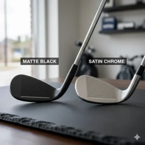 Comparison of matte black and satin chrome wedge finishes side-by-side, showcasing modern aesthetic options for UK golfers.