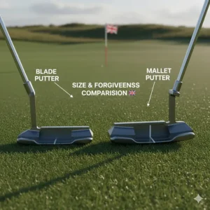 A blade putter and a mallet putter side-by-side on a putting green to show the size difference.
