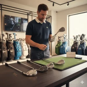 A golfer selecting a new lob wedge from a display in a modern UK professional golf shop, focusing on the clubhead finish.