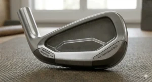 Alt text for image 2 Detailed close-up of a cavity back iron showing the perimeter weighting designed to increase forgiveness for UK club golfers.