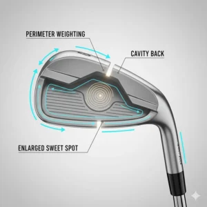 Diagram of a cavity back iron showing the perimeter weighting designed for beginner forgiveness.