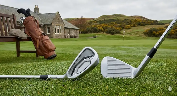 Alt text for image 1 A professional side-by-side comparison of a modern cavity back iron and a traditional forged blade iron, set against a classic British golf course clubhouse and rolling hills. cavity back vs blade irons