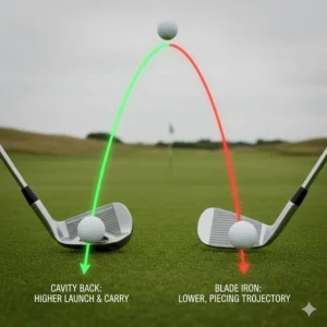 Alt text for image 6 A trajectory chart illustrating the higher, easier launch of cavity back irons compared to the piercing ball flight of blades.