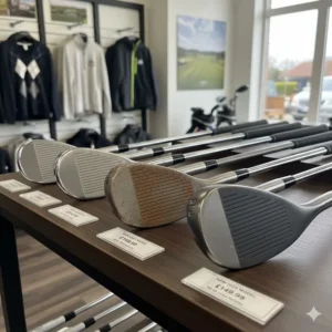 A selection of sand wedges in different finishes, including raw steel and chrome, displayed with pound sterling price tags in a UK pro shop.