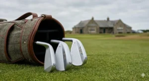 A set of three modern golf wedges showing 52, 56, and 60-degree loft markings on the club heads, arranged by a traditional wool golf bag.