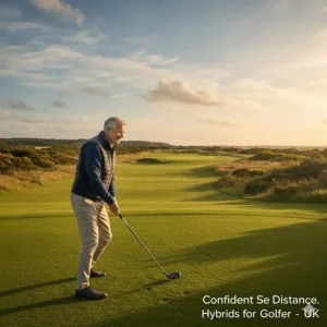 A senior golfer looking confident while addressing the golf ball with a hybrid club on a British golf course.