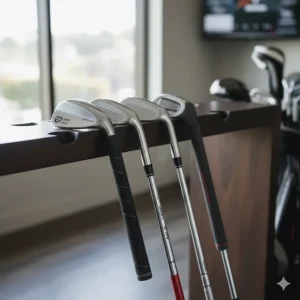 Close-up of a row of custom-fitted golf wedges showing high-quality steel shafts and professional rubber grips in a pro shop setting.