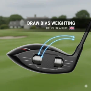 Technical illustration of internal weighting in a driver head to help UK golfers fix a slice with draw bias.
