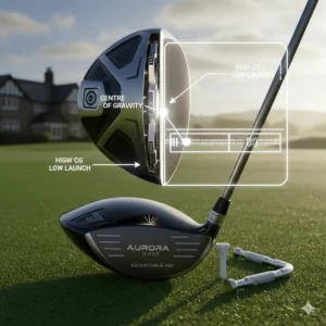 A cross-section diagram showing how moving weights shifts the centre of gravity in an adjustable driver.