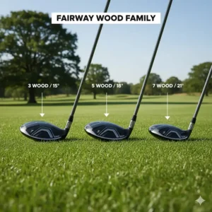 A side-by-side comparison of a 3 wood, 5 wood, and 7 wood showing the progression in head size and loft.