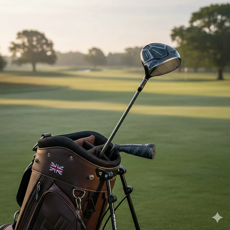 A premium 7 wood golf club leaning against a leather golf bag on a dew-covered British parkland course at sunrise.
