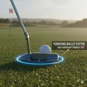 A stable mallet putter positioned for a short putt, highlighting forgiveness for high-handicap UK players.
