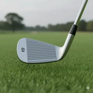A close-up illustration of a game improvement iron featuring a wide sole designed to improve turf interaction on soft UK fairways.