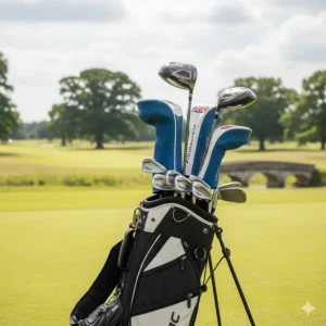 A well-organised golf bag featuring a mix of fairway woods, golf hybrids, and irons on a British golf course.