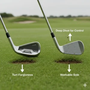 Alt text for image 7 Close-up of thin and wide clubhead soles, demonstrating interaction with typical soft British parkland and firm links turf.