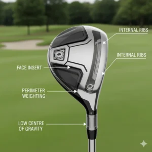 Technical illustration of a golf hybrid clubhead highlighting the low centre of gravity and perimeter weighting.