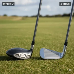 A side-by-side comparison of a golf hybrid and a traditional 3-iron showing the wider sole of the hybrid.