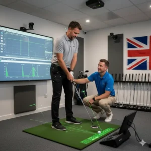 A golfer undergoing a professional putter fitting session using launch monitor technology at a UK-based indoor golf studio.