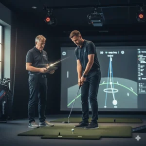 A golfer undergoing a professional putter fitting session at a UK-based indoor golf studio.