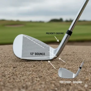 Technical diagram showing how sand wedge bounce prevents the club head from digging into heavy, damp British sand during a bunker shot.