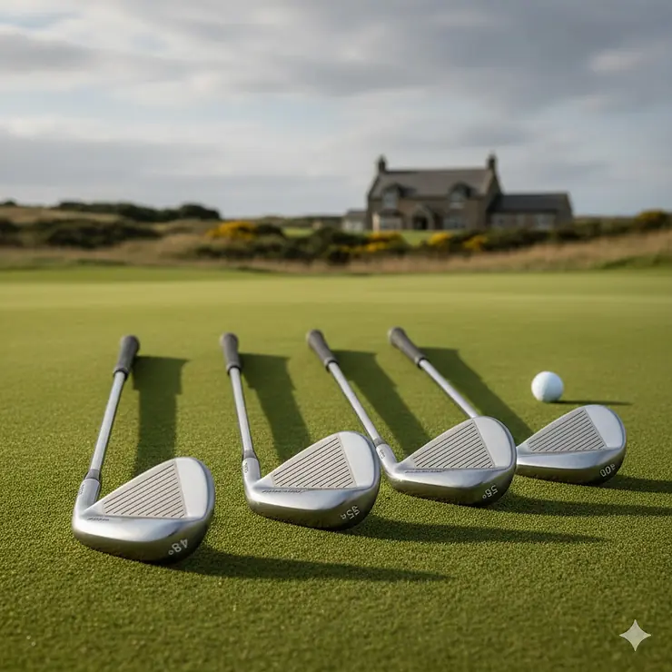 A selection of professional golf wedges lined up on a manicured grass practice area at a UK golf club. golf wedge buying guide UK