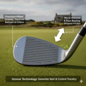 Macro view of golf wedge face grooves designed to maximise backspin on the green.
