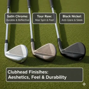 Comparison of golf wedge finishes including satin chrome, tour raw, and black nickel.