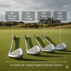 A diagram showing different wedge lofts from pitching wedges to lob wedges for UK golfers.