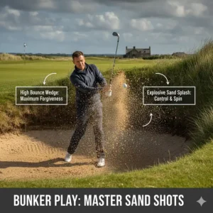 A golfer using a sand wedge to play a shot out of a deep sod-walled bunker at a British golf course.