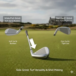 Different wedge sole grind shapes suited for firm UK links courses or soft parkland turf.
