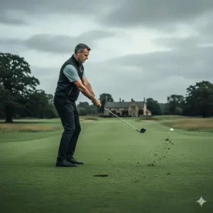 A golfer using a hybrid club for a long approach shot on a classic British parkland golf course.