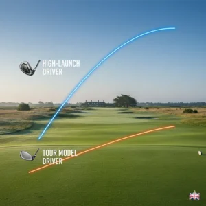A graphic comparing the high-launch flight path of a game-improvement driver versus a traditional tour model.