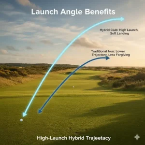 Diagram illustrating the higher, softer landing ball flight achieved with senior hybrids compared to traditional irons.