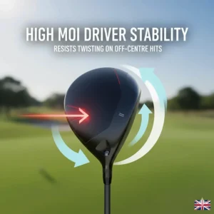 Illustration showing how High Moment of Inertia or MOI resists clubhead twisting on impact for greater stability.