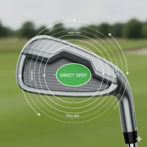 A technical diagram highlighting the enlarged sweet spot and high MOI of a game improvement iron to help with off-centre strikes.
