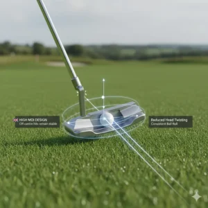 A technical diagram showing the stability and high MOI of a mallet putter on off-centre hits.