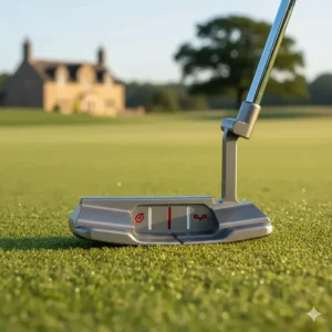 A modern high-MOI mallet putter showing alignment aids on a lush green, with a Cotswold-style stone building in the distance.