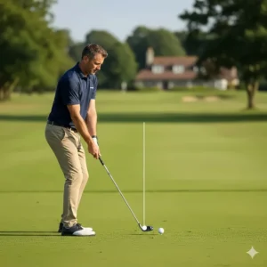 A golfer demonstrating the correct ball position and stance for hitting a hybrid club effectively.