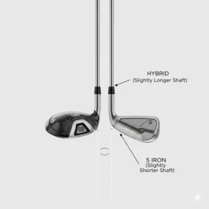 Technical drawing showing the slight difference in shaft length between a 5 iron and its hybrid equivalent.