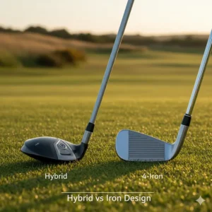 Side-by-side comparison of a traditional 4-iron and a modern senior hybrid club showing the larger head and deeper centre of gravity.