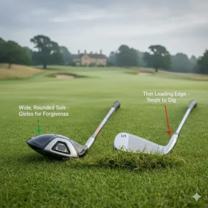 Close-up of a wide-sole hybrid design showing how it glides through British turf better than a thin 5 iron blade.