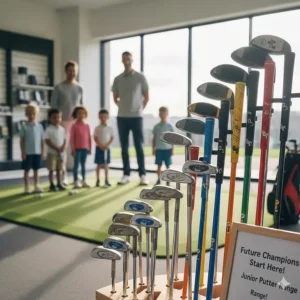 A range of colourful junior golf putters displayed in a UK academy with a sign titled Future Champions Start Here.