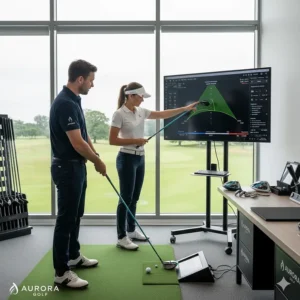 A woman receiving a professional club fitting for a new ladies golf driver at a UK golf academy.