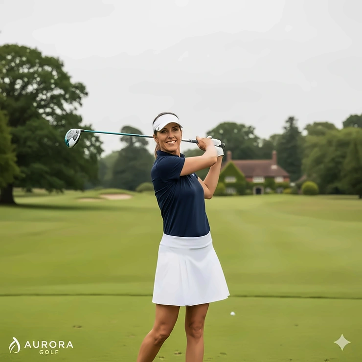 A female golfer using a high-performance ladies golf driver on a scenic UK parkland course during a sunny afternoon. ladies golf driver UK