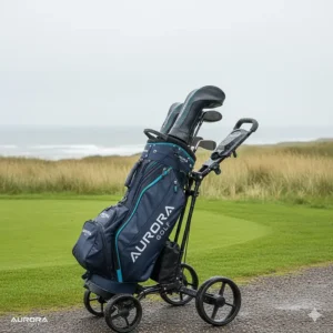 A ladies golf driver tucked into a waterproof golf bag on a trolley, ready for typical British coastal weather.